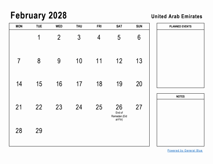 February 2028 Printable Monthly Calendar with United Arab Emirates Holidays