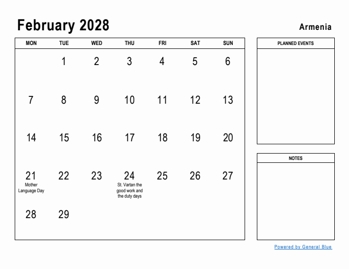 February 2028 Printable Monthly Calendar with Armenia Holidays