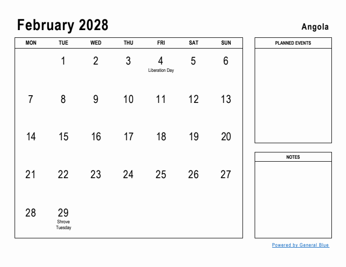 February 2028 Printable Monthly Calendar with Angola Holidays