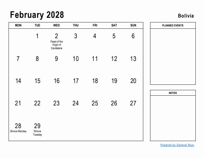 February 2028 Printable Monthly Calendar with Bolivia Holidays