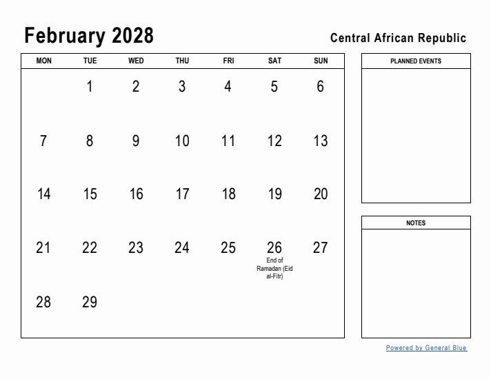 February 2028 Printable Monthly Calendar with Central African Republic Holidays