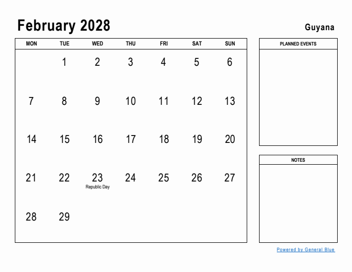 February 2028 Printable Monthly Calendar with Guyana Holidays