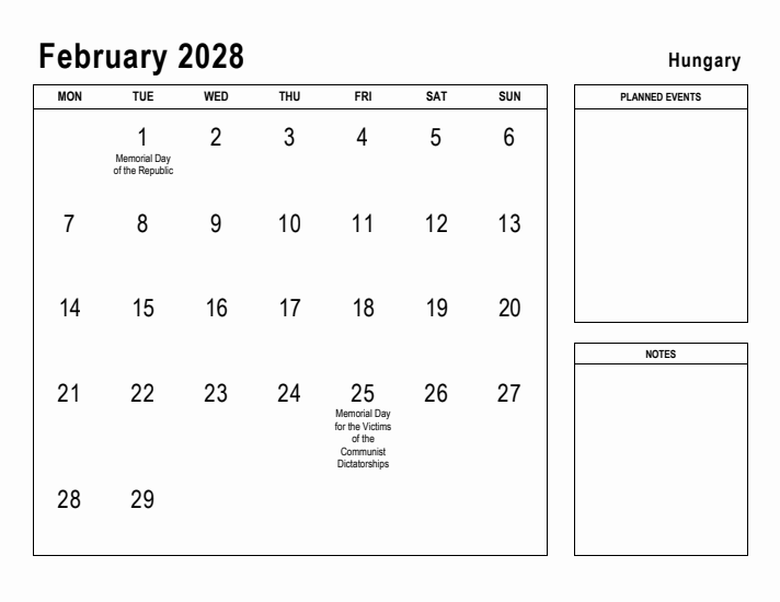 February 2028 Printable Monthly Calendar with Hungary Holidays