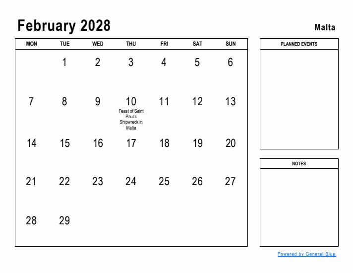 February 2028 Printable Monthly Calendar with Malta Holidays