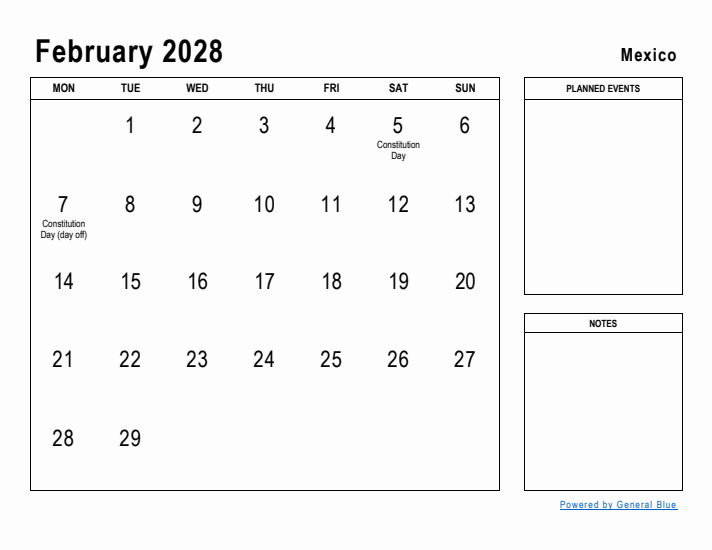 February 2028 Printable Monthly Calendar with Mexico Holidays