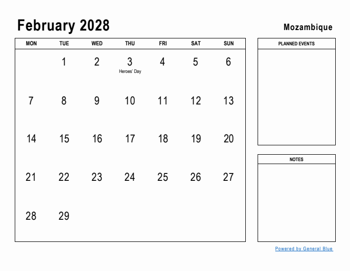 February 2028 Printable Monthly Calendar with Mozambique Holidays