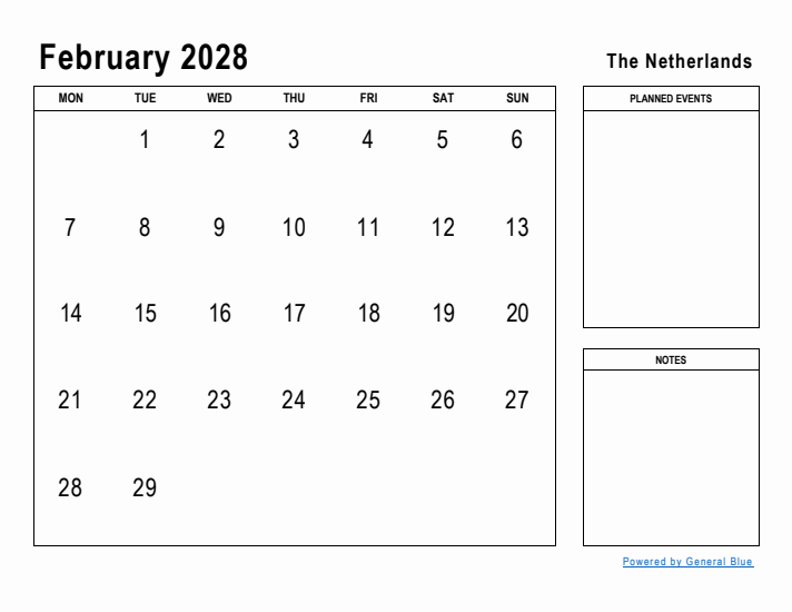 February 2028 Printable Monthly Calendar with The Netherlands Holidays