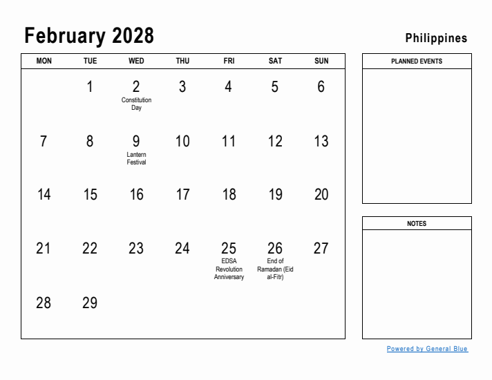 February 2028 Printable Monthly Calendar with Philippines Holidays