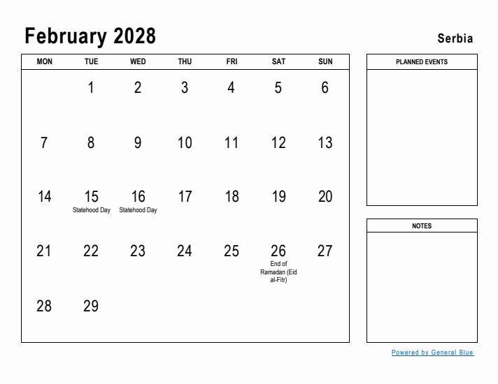 February 2028 Printable Monthly Calendar with Serbia Holidays