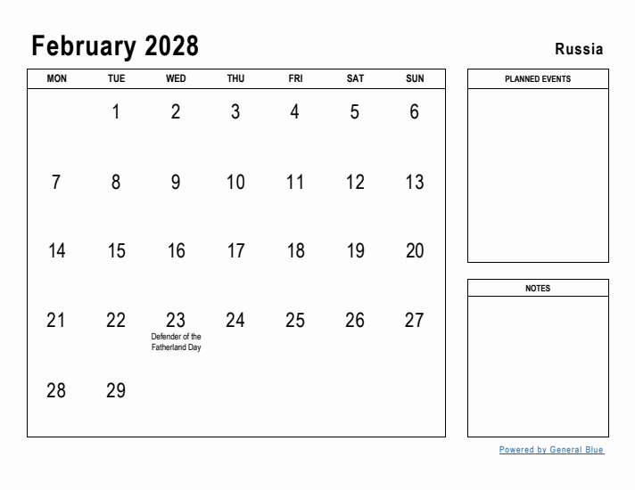 February 2028 Printable Monthly Calendar with Russia Holidays