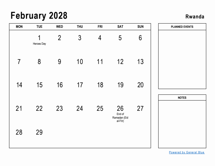 February 2028 Printable Monthly Calendar with Rwanda Holidays