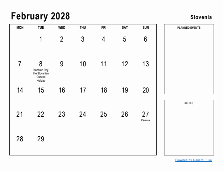 February 2028 Printable Monthly Calendar with Slovenia Holidays