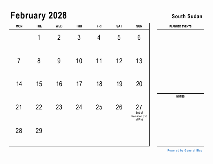 February 2028 Printable Monthly Calendar with South Sudan Holidays