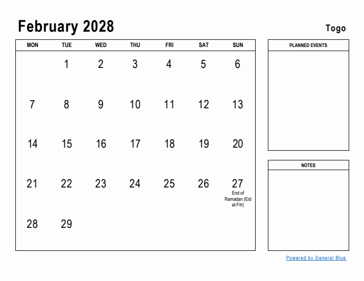 February 2028 Printable Monthly Calendar with Togo Holidays