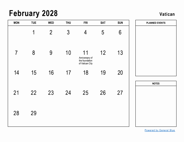 February 2028 Printable Monthly Calendar with Vatican Holidays