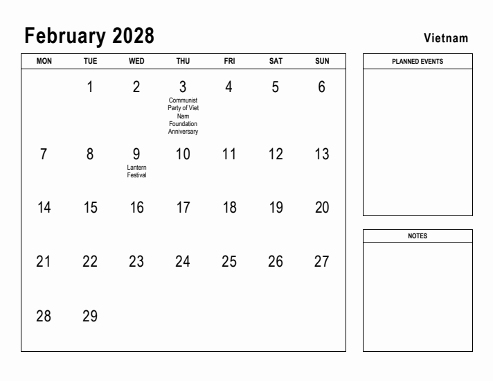 February 2028 Printable Monthly Calendar with Vietnam Holidays