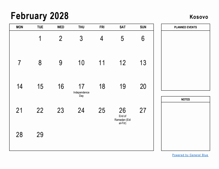 February 2028 Printable Monthly Calendar with Kosovo Holidays