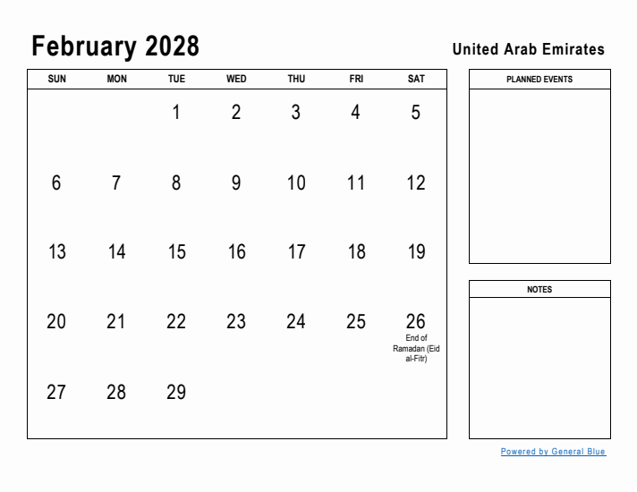 February 2028 Printable Monthly Calendar with United Arab Emirates Holidays