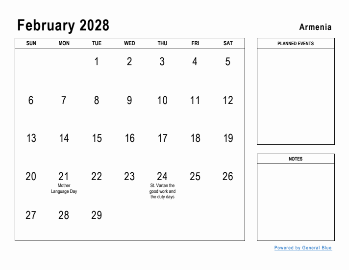 February 2028 Printable Monthly Calendar with Armenia Holidays