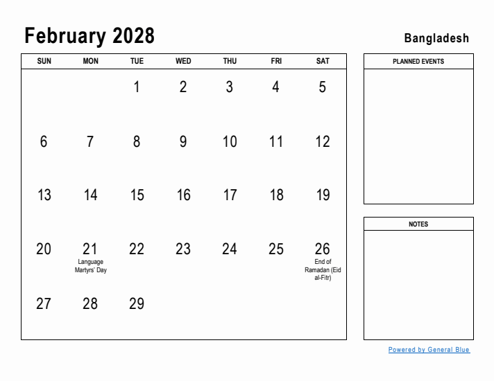 February 2028 Printable Monthly Calendar with Bangladesh Holidays