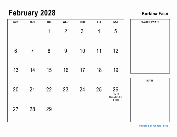 February 2028 Printable Monthly Calendar with Burkina Faso Holidays