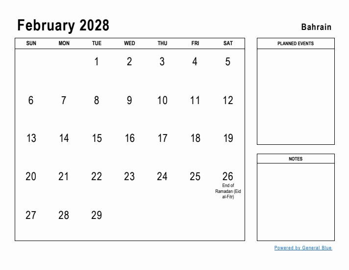 February 2028 Printable Monthly Calendar with Bahrain Holidays