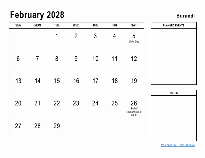 February 2028 Printable Monthly Calendar with Burundi Holidays