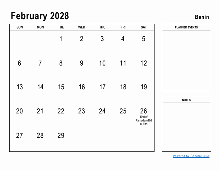 February 2028 Printable Monthly Calendar with Benin Holidays