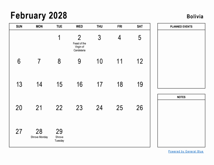 February 2028 Printable Monthly Calendar with Bolivia Holidays