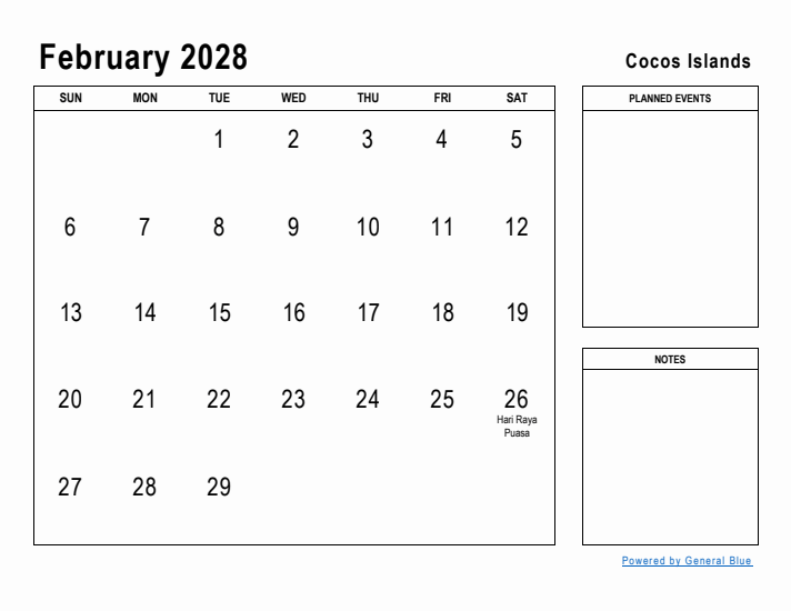 February 2028 Printable Monthly Calendar with Cocos Islands Holidays