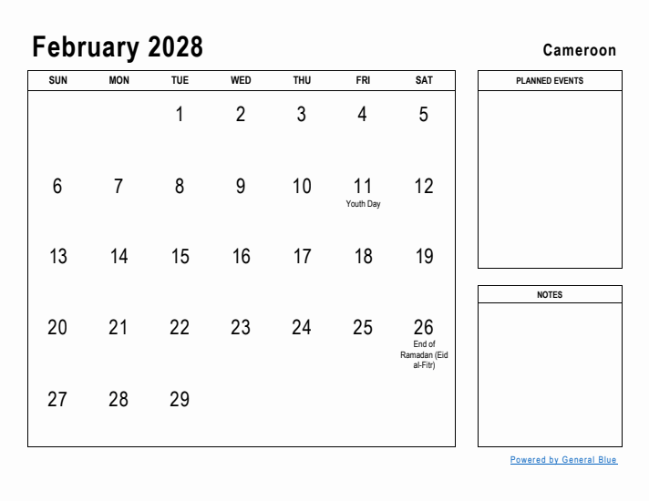 February 2028 Printable Monthly Calendar with Cameroon Holidays