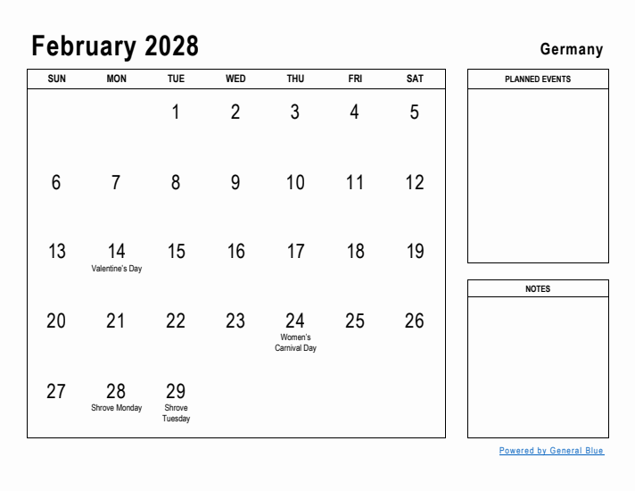 February 2028 Printable Monthly Calendar with Germany Holidays