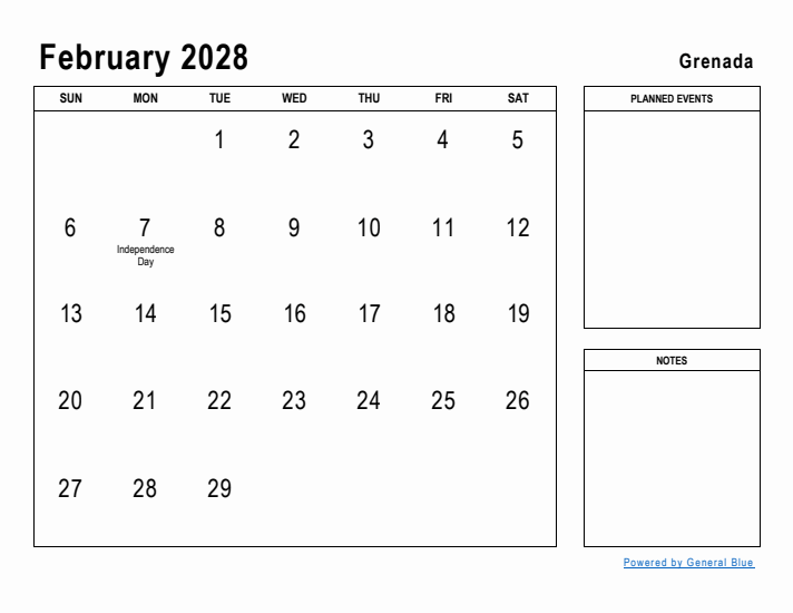 February 2028 Printable Monthly Calendar with Grenada Holidays