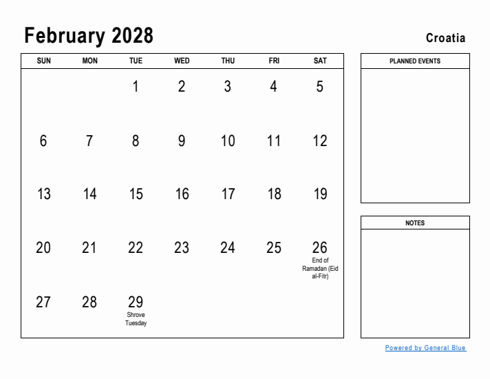 February 2028 Printable Monthly Calendar with Croatia Holidays