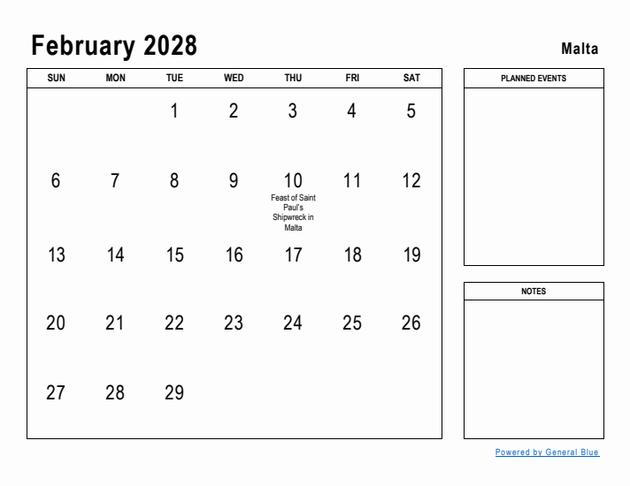 February 2028 Printable Monthly Calendar with Malta Holidays