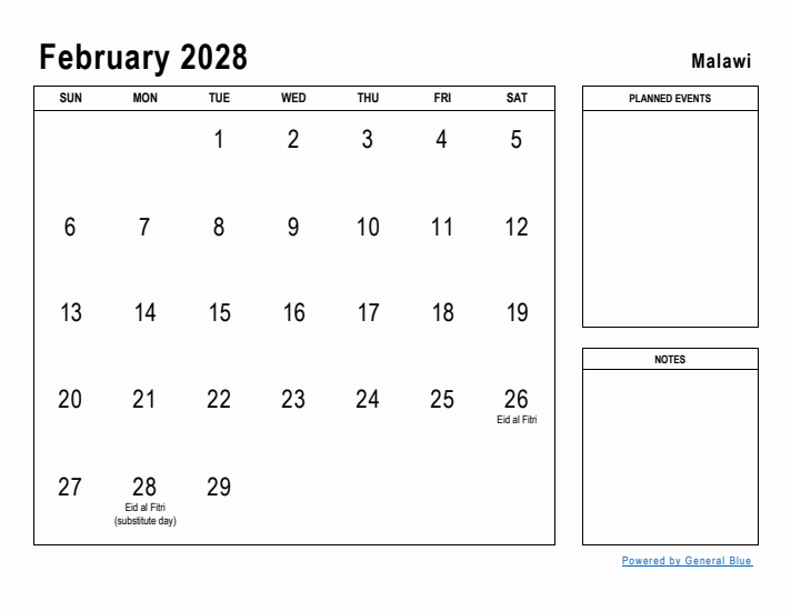 February 2028 Printable Monthly Calendar with Malawi Holidays