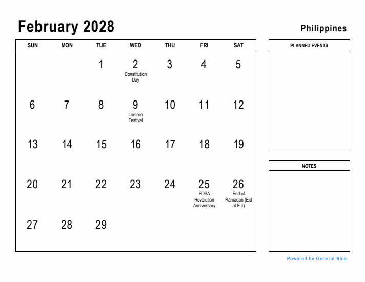 February 2028 Printable Monthly Calendar with Philippines Holidays