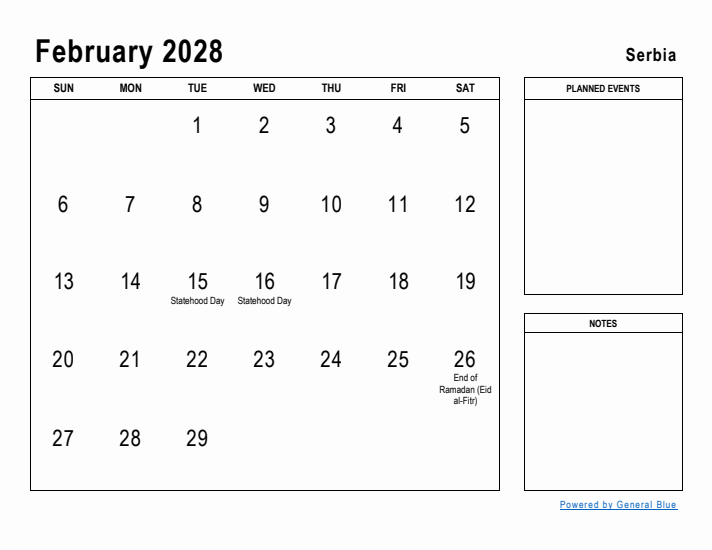 February 2028 Printable Monthly Calendar with Serbia Holidays