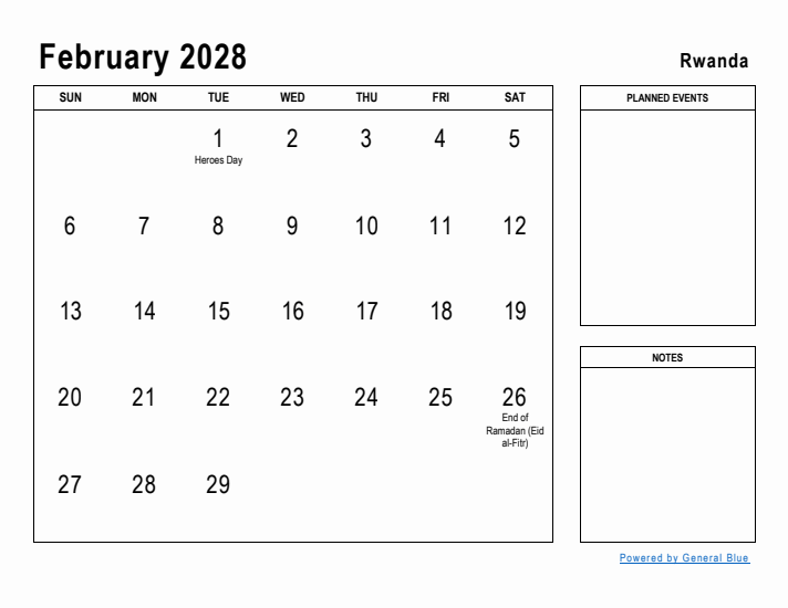 February 2028 Printable Monthly Calendar with Rwanda Holidays