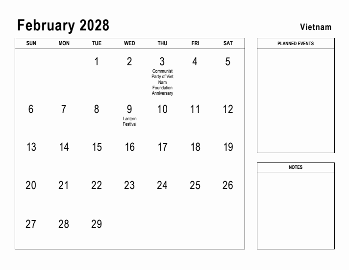 February 2028 Printable Monthly Calendar with Vietnam Holidays