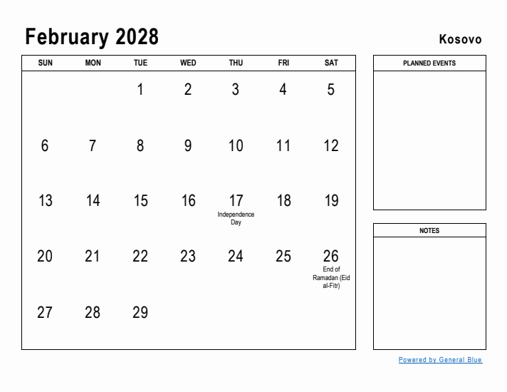 February 2028 Printable Monthly Calendar with Kosovo Holidays