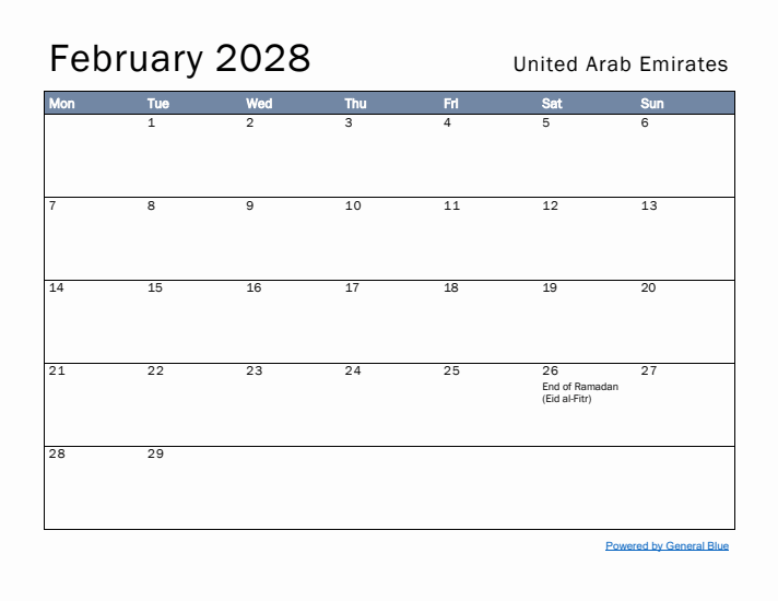 February 2028 Simple Monthly Calendar for United Arab Emirates