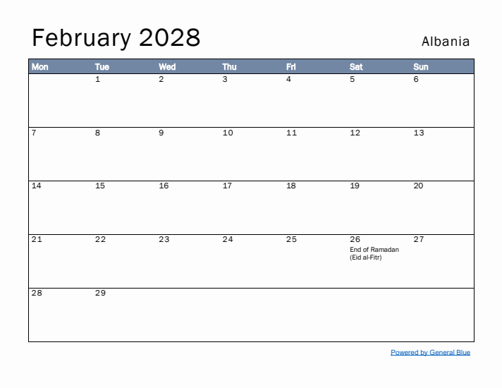 February 2028 Simple Monthly Calendar for Albania