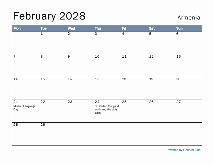 February 2028 Simple Monthly Calendar for Armenia