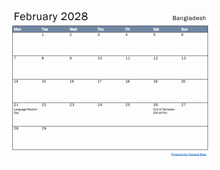 February 2028 Simple Monthly Calendar for Bangladesh