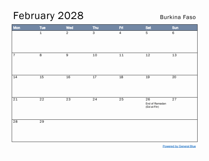 February 2028 Simple Monthly Calendar for Burkina Faso