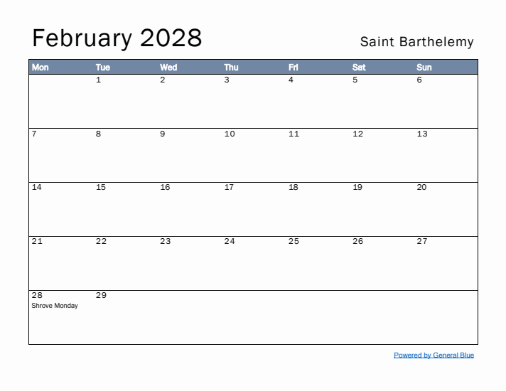 February 2028 Simple Monthly Calendar for Saint Barthelemy