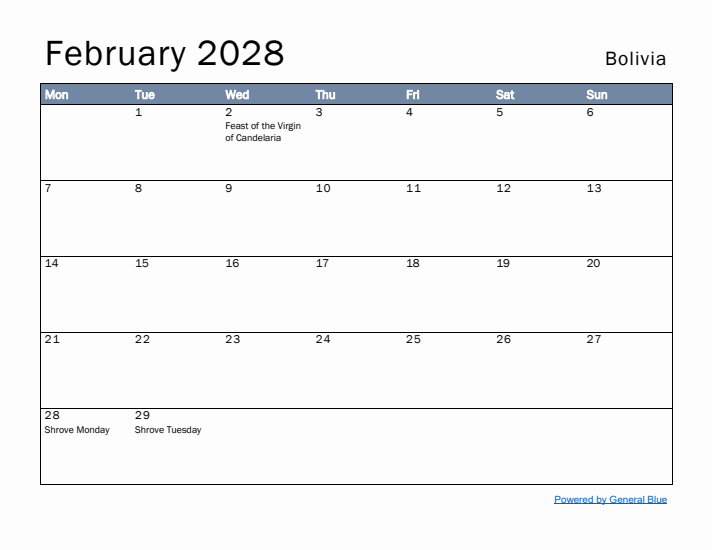 February 2028 Simple Monthly Calendar for Bolivia