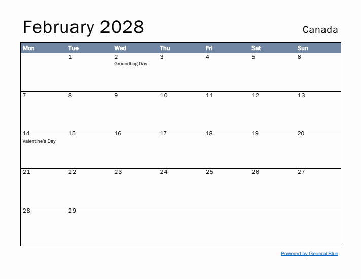 February 2028 Simple Monthly Calendar for Canada