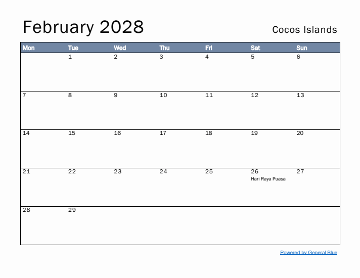 February 2028 Simple Monthly Calendar for Cocos Islands